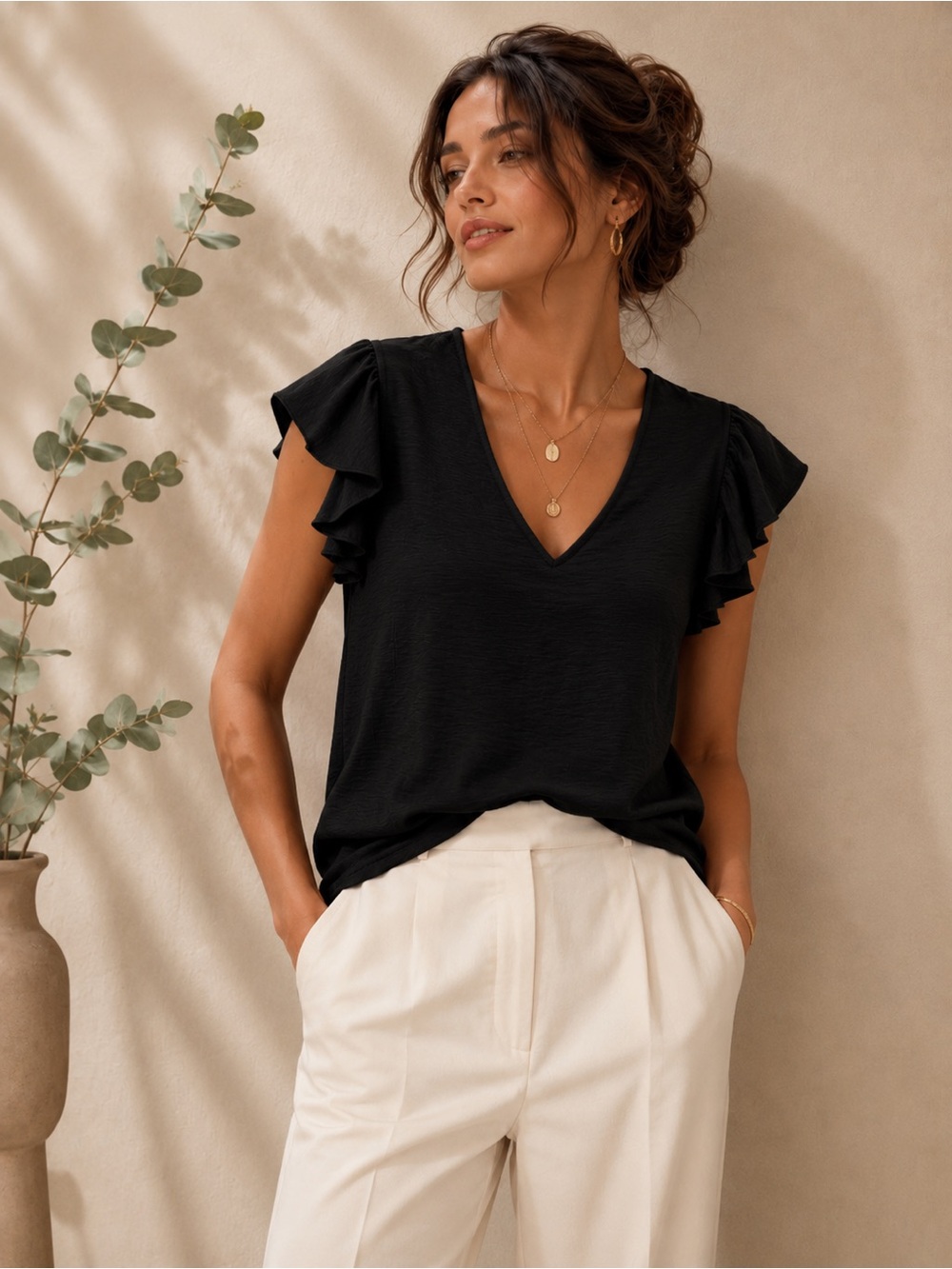 Adrianna Papell Black V-Neck Ruffle Sleeve Top